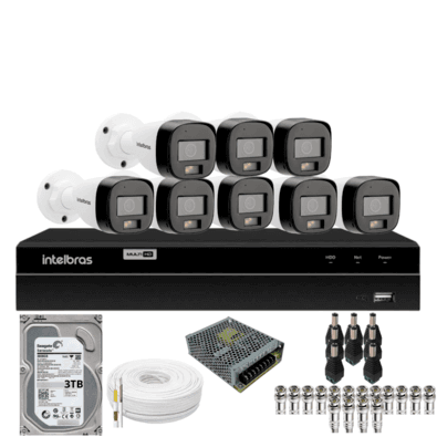 Kit 8 Câmeras Intelbras  Bullet 3220b Full Color Com Áudio Dvr Intelbras 1216-c Mhdx Com Acesso Remoto Hd 3TB