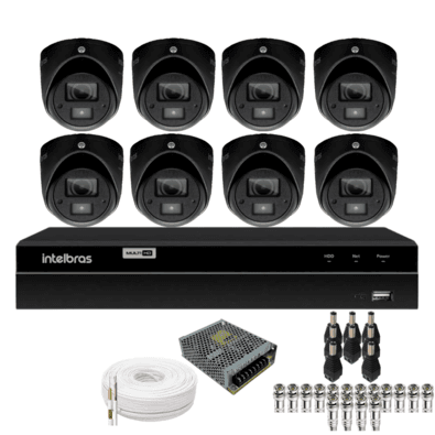 Kit 8 Câmeras Bullet 3220d Mini Black Com Áudio Dvr Intelbras 1216-c Mhdx Com Acesso Remoto Sem Hd