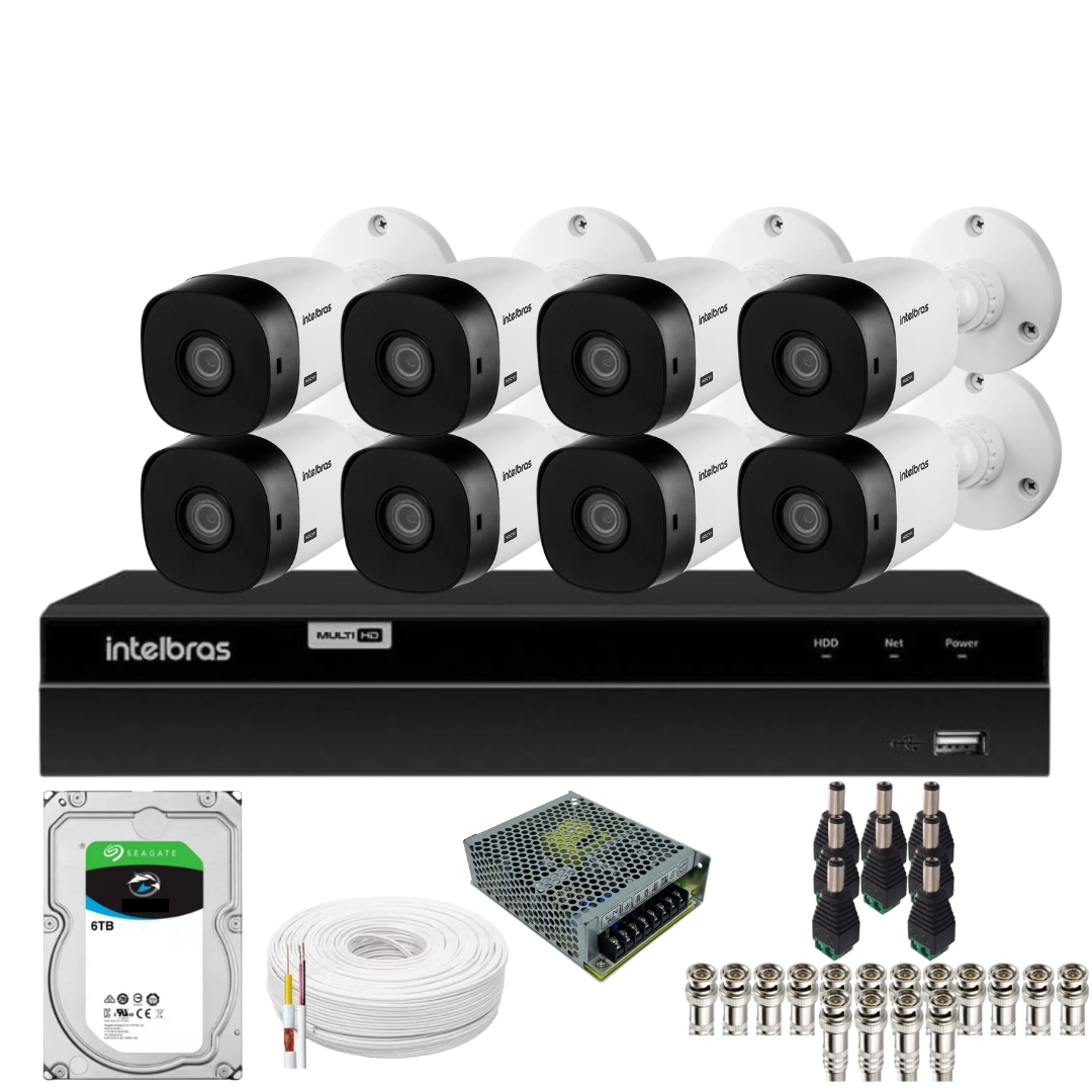 Kit 8 Câmeras Intelbras Bullet 1220b Full Hd Dvr Intelbras 1216 c Mhdx Com Acesso Remoto Hd 6 TB