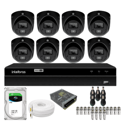 Kit 8 Câmeras Bullet 3220d Mini Black Com Áudio Dvr Intelbras 1216-c Mhdx Com Acesso Remoto Hd 6tb