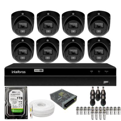 Kit 8 Câmeras Bullet 3220d Mini Black Com Áudio Dvr Intelbras 1216-c Mhdx Com Acesso Remoto Hd 1TB
