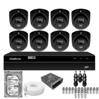 Kit 8 Câmeras Bullet 3220d Mini Black Com Áudio Dvr Intelbras 1216-c Mhdx Com Acesso Remoto Hd 3TB