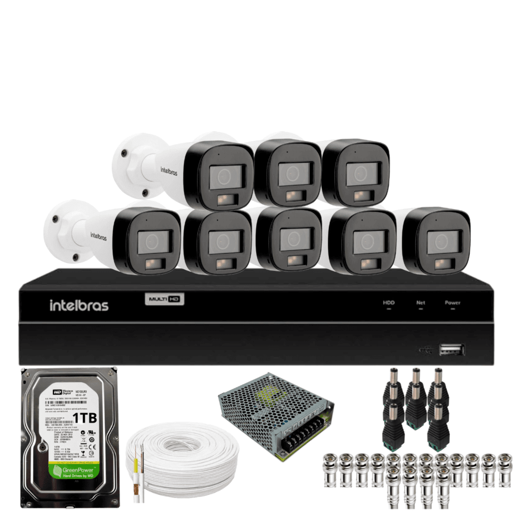 Kit 8 Câmeras Intelbras  Bullet 3220b Full Color Com Áudio Dvr Intelbras 1216-c Mhdx Com Acesso Remoto Hd 1TB