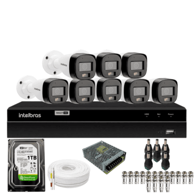 Kit 8 Câmeras Intelbras  Bullet 3220b Full Color Com Áudio Dvr Intelbras 1216-c Mhdx Com Acesso Remoto Hd 1TB