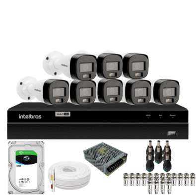 Kit 8 Câmeras Intelbras  Bullet 3220b Full Color Com Áudio Dvr Intelbras 1216-c Mhdx Com Acesso Remoto Hd 6tb