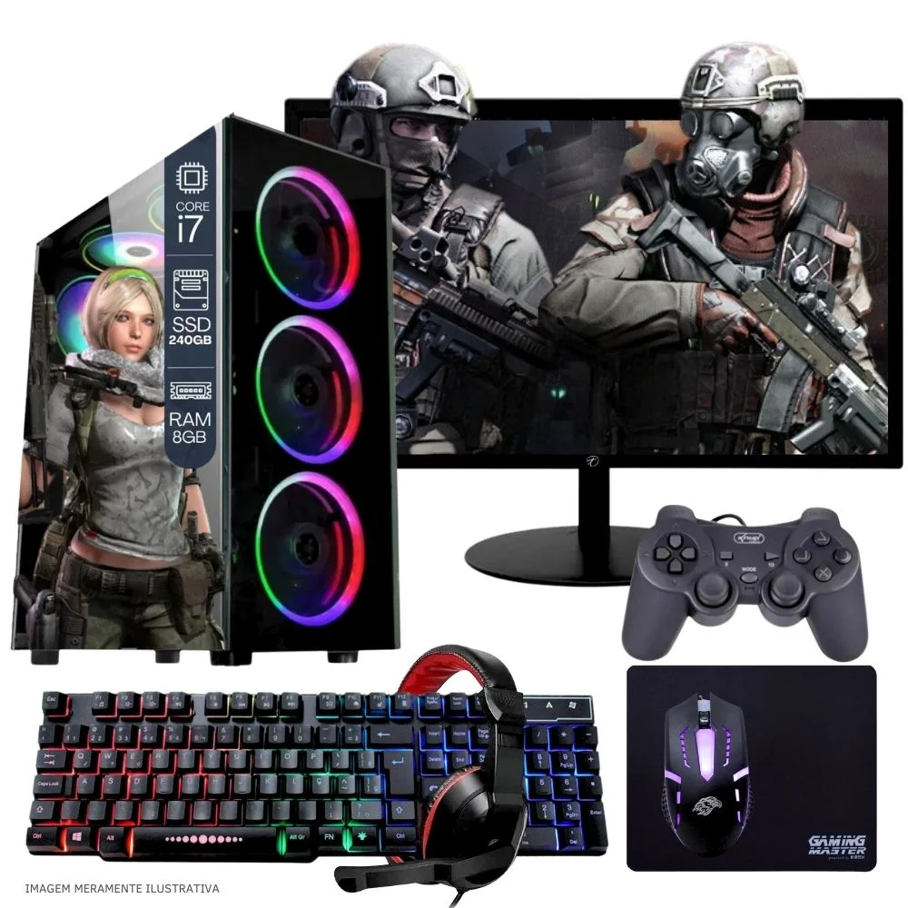 Computador PC Gamer Completo Balão.info Intel Core I7 SSD 240GB 8GB Teclado Mouse Mouse Pad E Headset Gamer Joystick Monitor 19" WINDOWS 10 Pro Trial