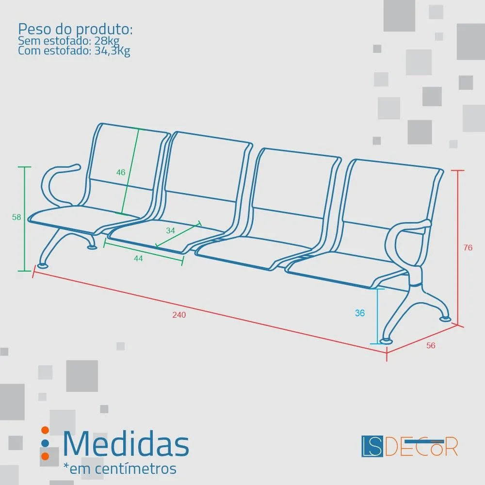 Imagem 3 de 5 do produto Cadeira Longarina Cromada 4 Lugares