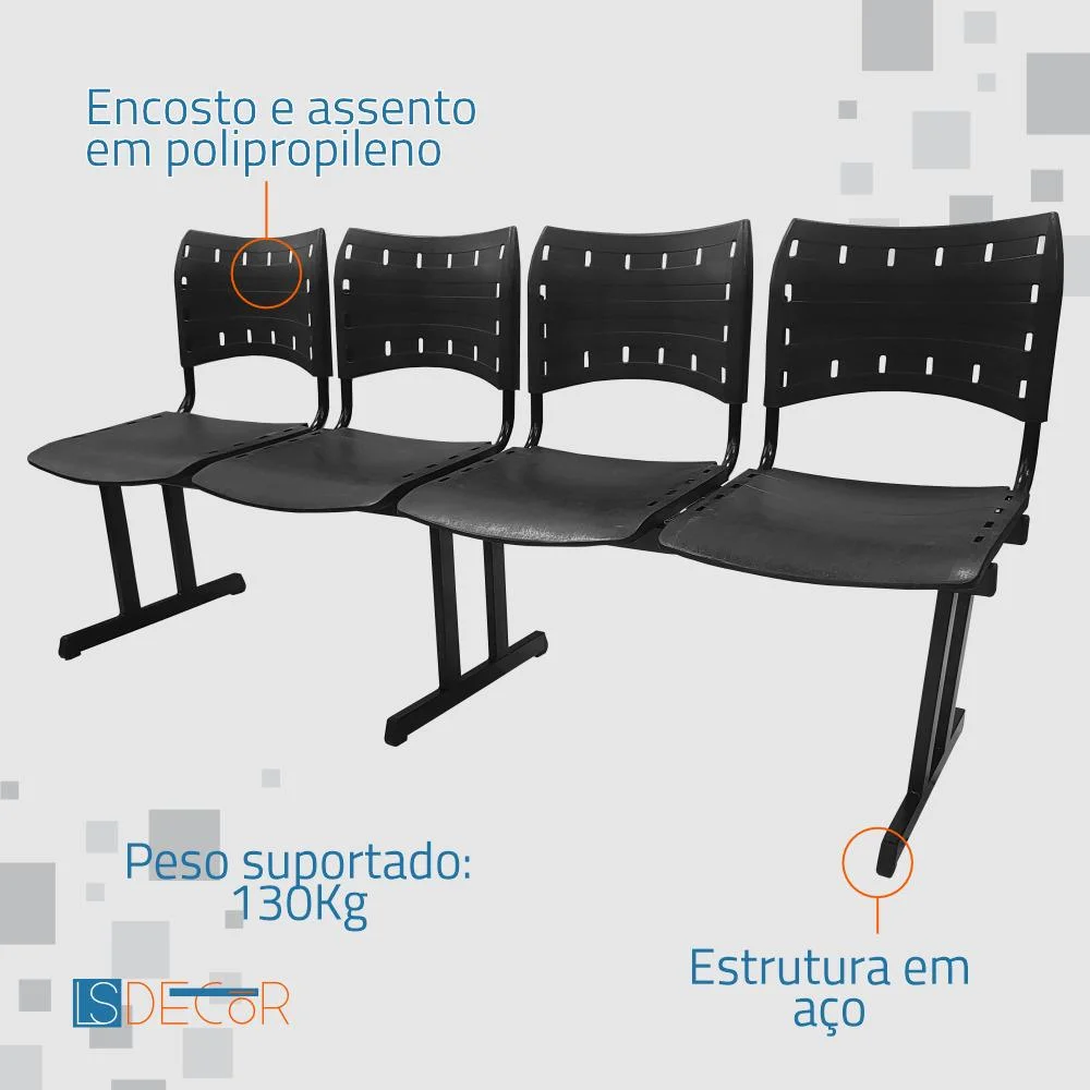 Imagem 2 de 5 do produto Cadeira Fixa Iso Polipropileno 4 Lugares Preta