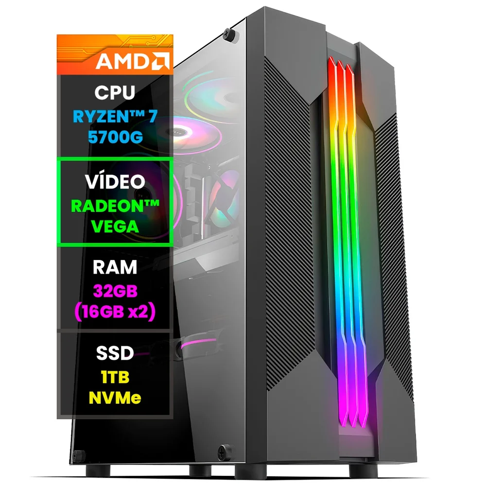 PC Gamer Computador Completo NoLag AMD Ryzen 7, Radeon™ Graphics Vega, 32GB RAM, SSD 1TB NVMe, Gabinete RGB