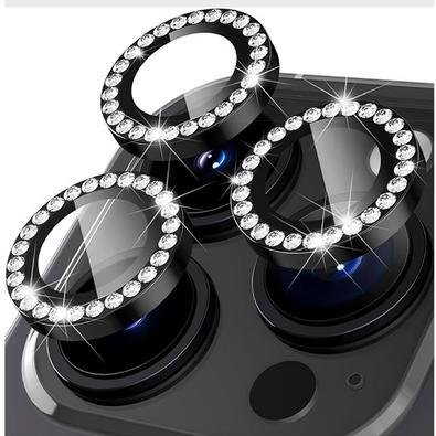 Película Lente Câmera Strass Brilho Compatível Com Iphone 16 Pro Tela 6.3 Proteção Preto