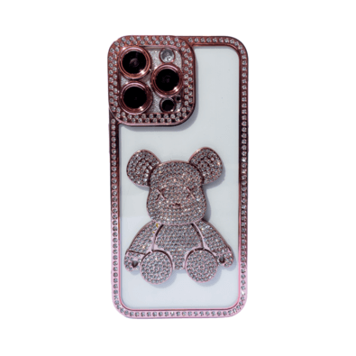 Capa Celular Compatível Iphone 15 Com Urso De Diamante Luxo Cor:ouro Rosa