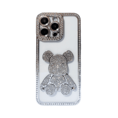 Capa Celular Compatível Iphone 15 Com Urso De Diamante Luxo Cor:prata