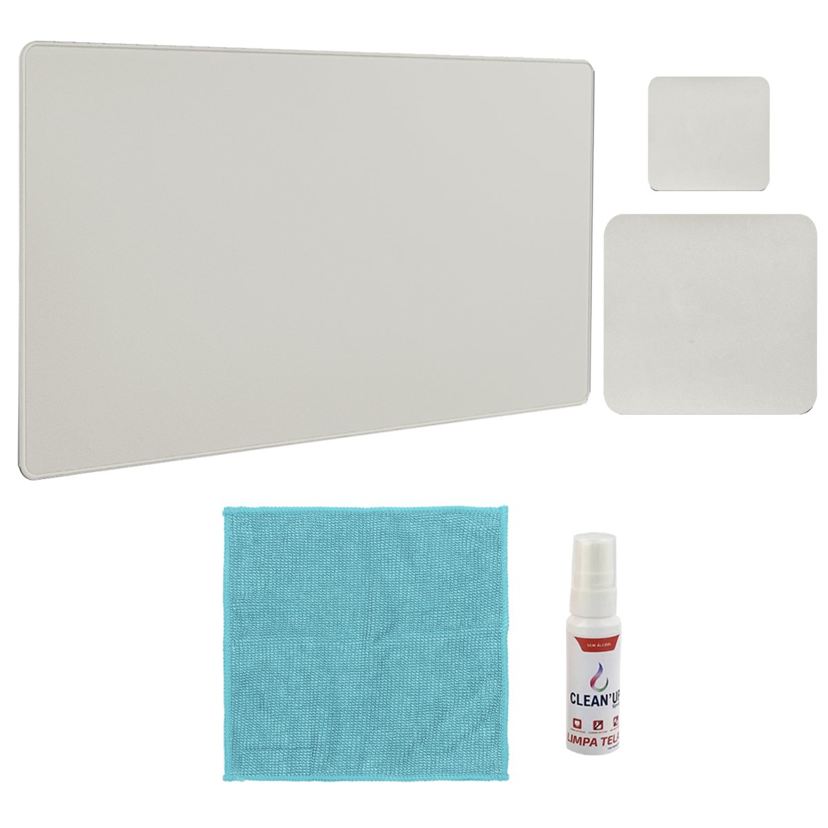 Kit Mouse Pad 43x30cm Para Notebook + 20x20cm Com Apoio De Copos E Kit Limpeza Cinza