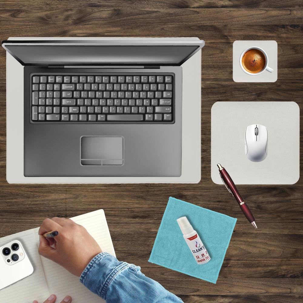 Imagem 3 de 5 do produto Kit Mouse Pad 43x30cm Para Notebook + 20x20cm Com Apoio De Copos E Kit Limpeza Cinza