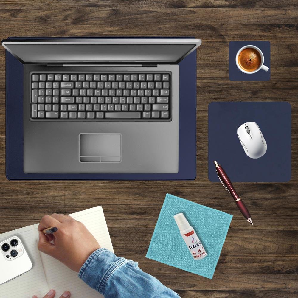 Imagem 3 de 5 do produto Kit Mouse Pad 43x30cm Para Notebook + 20x20cm Com Apoio De Copos E Kit Limpeza Azul Marinho