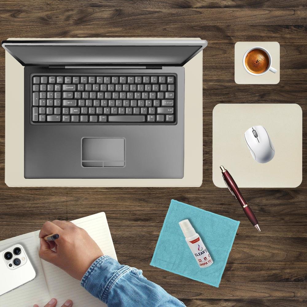 Imagem 3 de 5 do produto Kit Deskpad 43x30cm Notebook E Apoio Mouse 20x20cm + Spray Flanela Limpeza + Porta Copos Palha