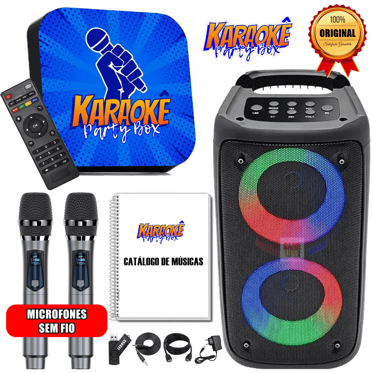 Karaoke Party Box, 2 Microfones Sem Fio, caixa De Som +2000 Músicas, catálogo Impresso