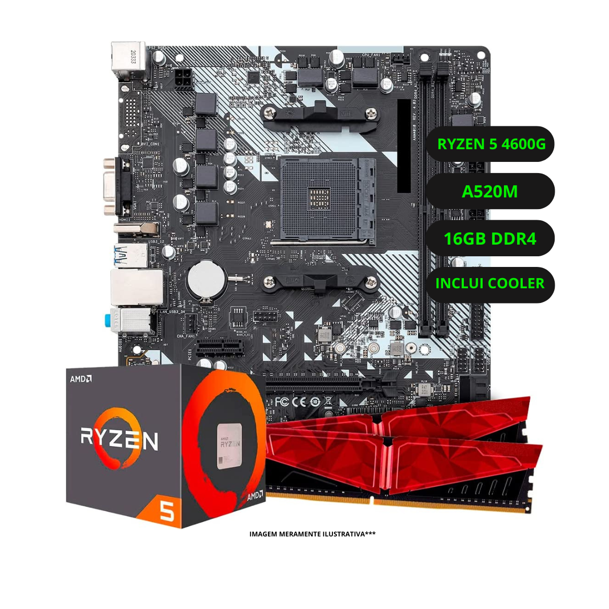 Kit Upgrade Amd Ryzen 5 4600g Vega 7 Placa Mãe A520 Memória Ram 16gb Ddr4