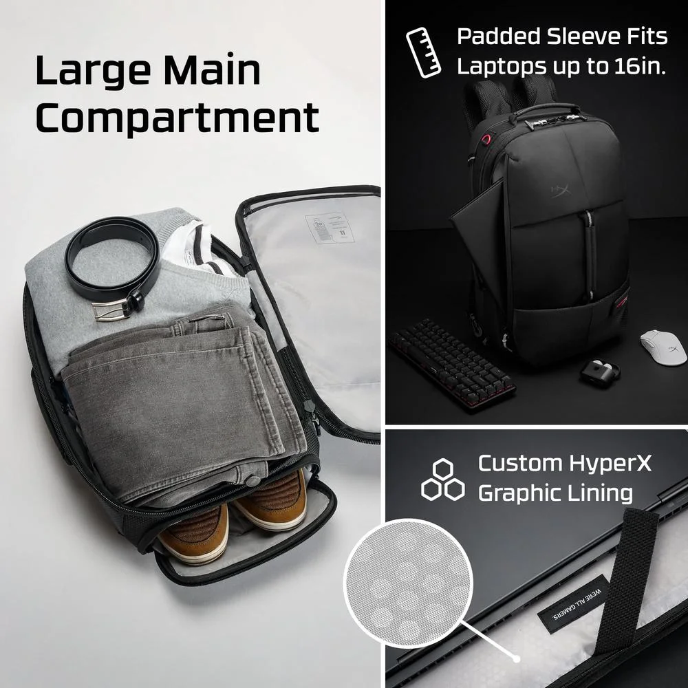 Imagem 4 de 5 do produto Mochila Gamer Hyperx Knight Para Notebook Grande Armazenamento Durável Pronta Para Viagem Preta.