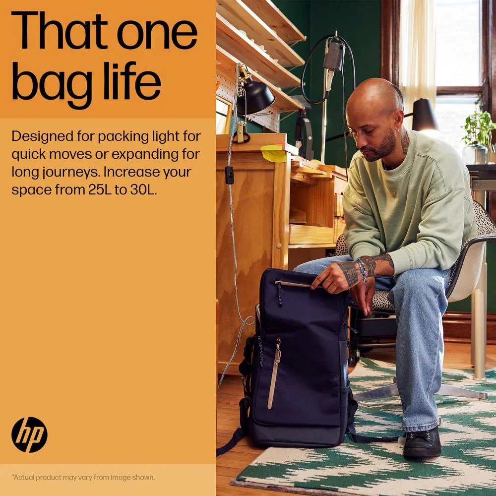 Imagem 2 de 5 do produto Mochila Para Laptop Hp Travel 25l 15,6 " - Leve E Estilosa - Expansível Para 30l - Múltiplos Bolsos, Incluindo Bolso Para Bloqueio De Rfid - Zíperes Com Tr