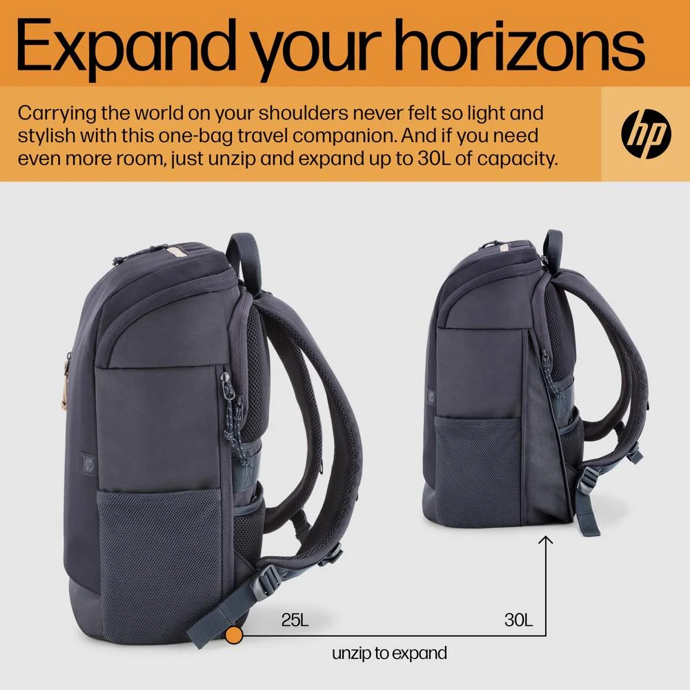 Imagem 3 de 5 do produto Mochila Para Laptop Hp Travel 25l 15,6 " - Leve E Estilosa - Expansível Para 30l - Múltiplos Bolsos, Incluindo Bolso Para Bloqueio De Rfid - Zíperes Com Tr