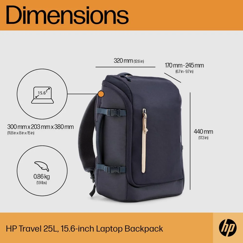 Imagem 5 de 5 do produto Mochila Para Laptop Hp Travel 25l 15,6 " - Leve E Estilosa - Expansível Para 30l - Múltiplos Bolsos, Incluindo Bolso Para Bloqueio De Rfid - Zíperes Com Tr