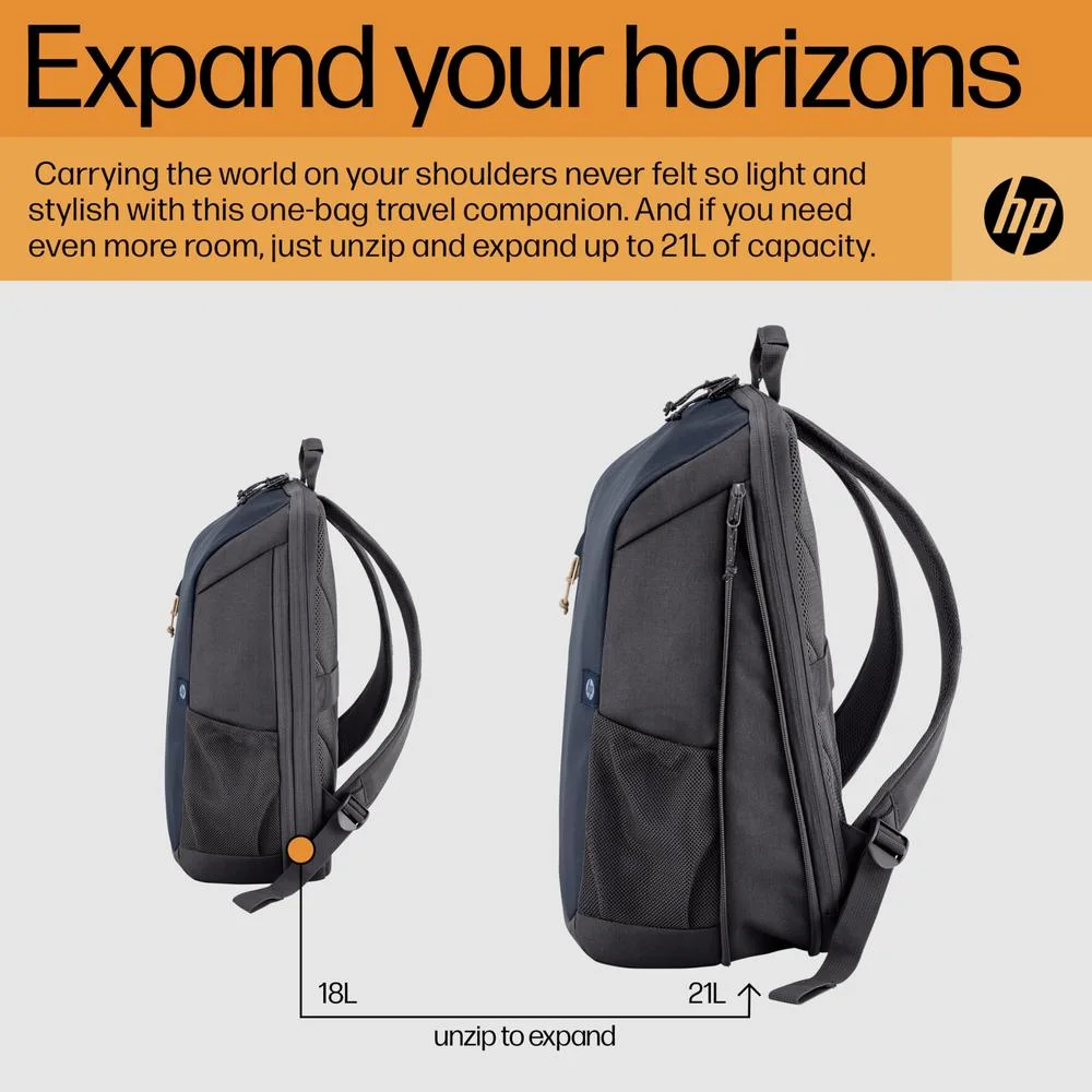 Imagem 4 de 5 do produto Mochila Para Laptop Hp Travel 18l 15,6 " - Leve E Estilosa - Expansível Para 21l - Múltiplos Bolsos - Zíperes Traváveis - Cinza Ferro.