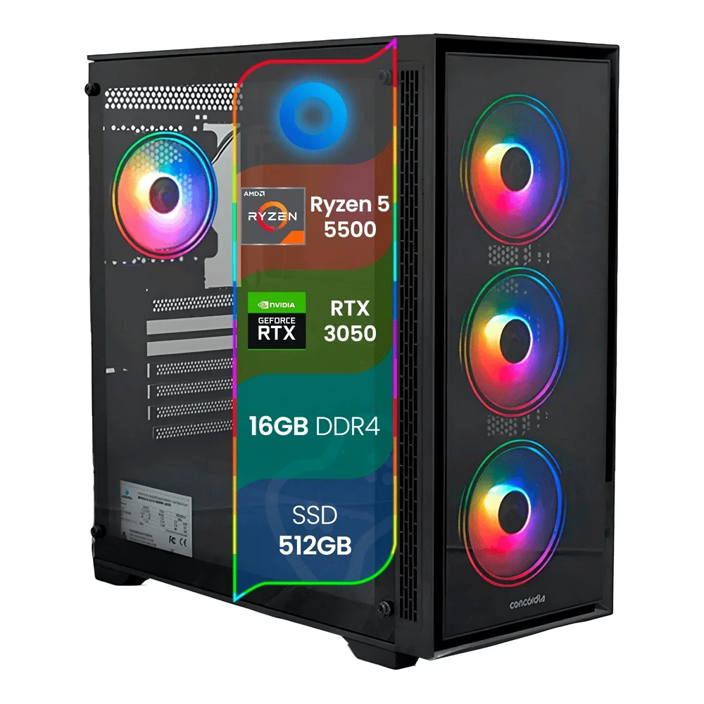 PC Gamer Top Concórdia, Ryzen 5 5500, 16GB RAM, Placa 3050, SSD 512GB, Fonte 600w,  Windows trial