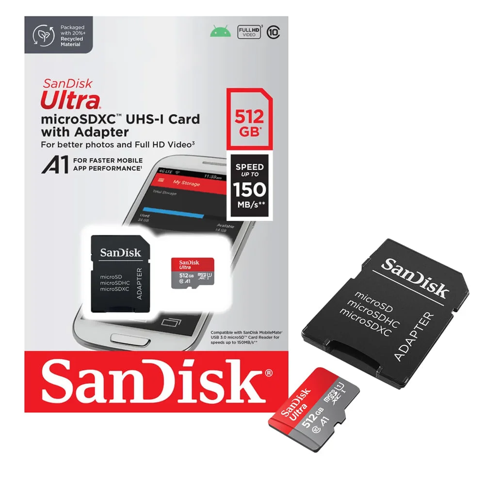 Cartão De Memória Sandisk Ultra 512GB, Micro SDXC, Classe 10, 150MB/s, UHS-I - Sdsquac-512g-Gn6ma