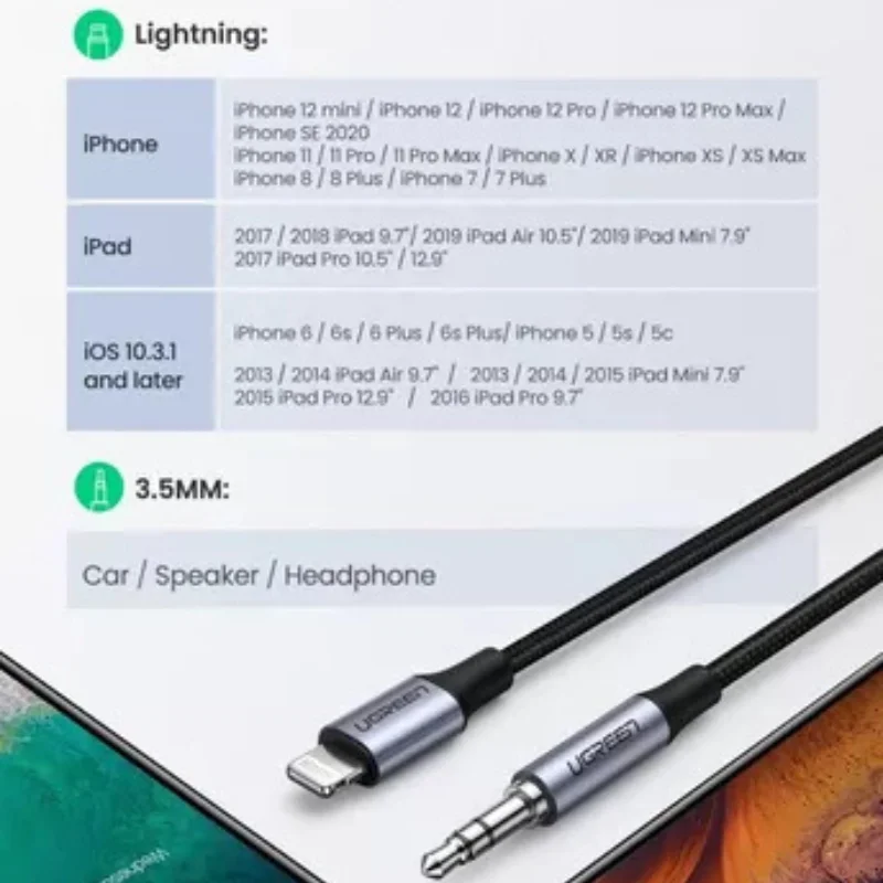Imagem 4 de 5 do produto Cabo Áudio Ugreen Lightning P Conector 3.5mm 1m Cert Mfi.