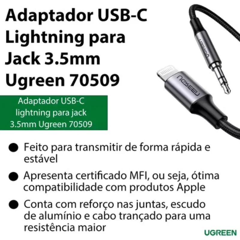 Imagem 5 de 5 do produto Cabo Áudio Ugreen Lightning P Conector 3.5mm 1m Cert Mfi.