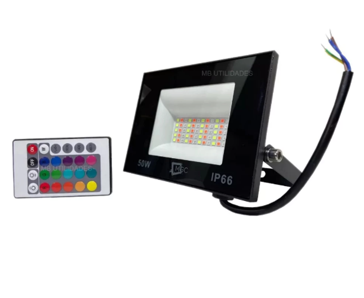 Refletor Holofote LED 50w Cores RGB C/ Controle Remoto