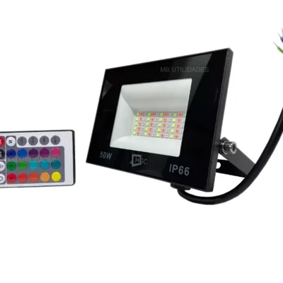 Refletor Holofote LED 50w Cores RGB C/ Controle Remoto