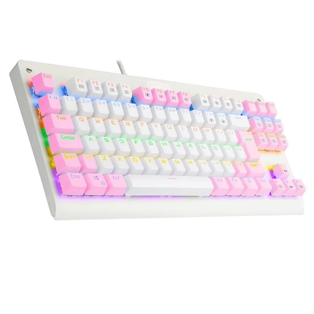 Teclado Mecânico Gamer Redragon Dark Avenger, RGB, Switch Blue, Abnt2, Tkl, Branco E Rosa - Branco - Unissex - Único