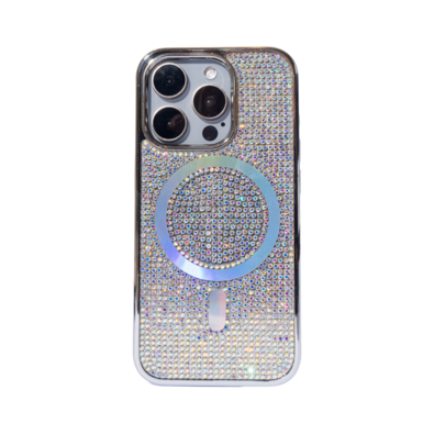 Capa Magsafe Galvanizada Com Diamante Compatível Iphone Cor:prata;modelo:ip 14 Pro