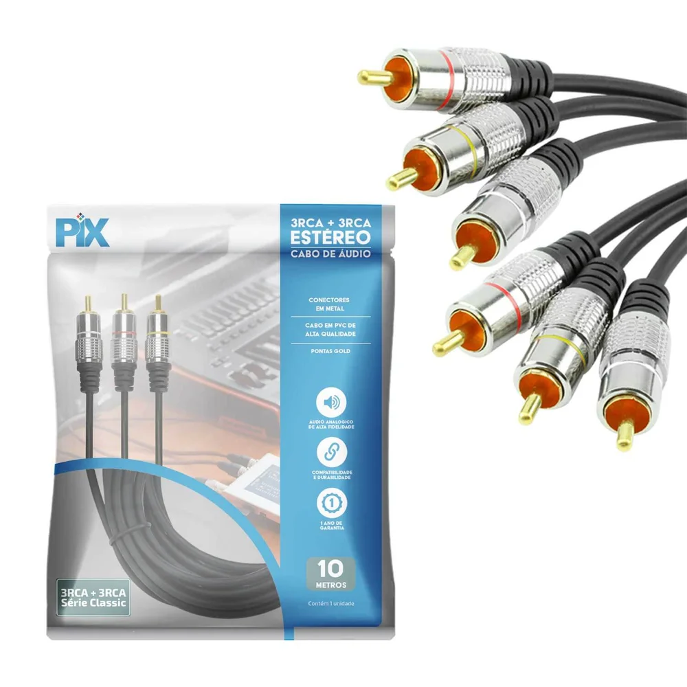 Imagem 2 de 4 do produto Cabo Rca 10metros Dupla Blindagem Cobre 10m Blindado 3+3 Rca
