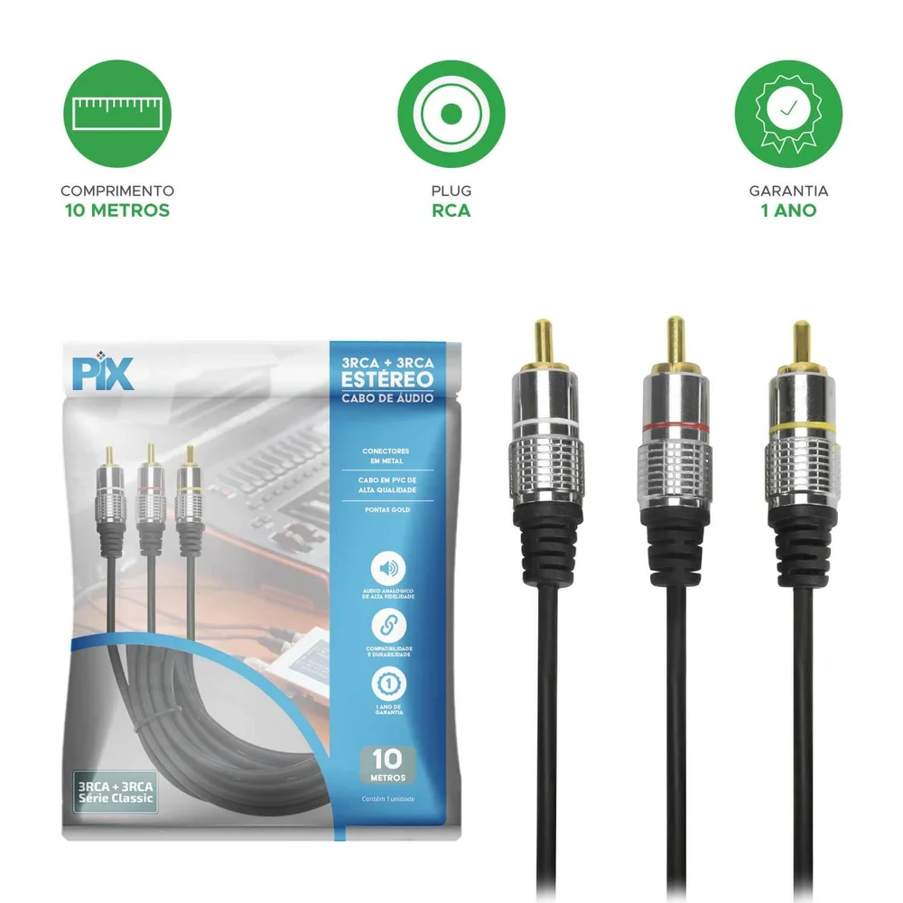 Imagem 4 de 4 do produto Cabo Rca 10metros Dupla Blindagem Cobre 10m Blindado 3+3 Rca
