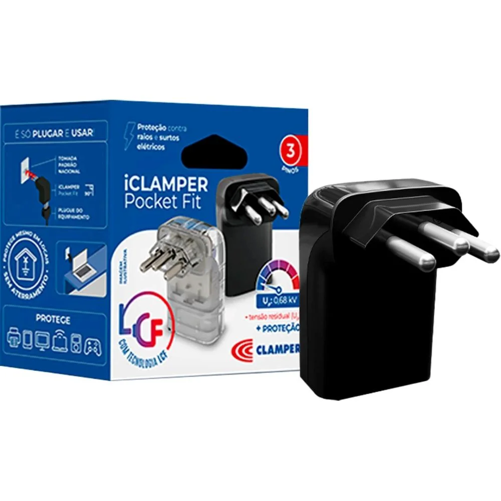 Imagem 5 de 5 do produto Protetor Clamper Pocket Fit 3p, 3 Pinos, 10 Amperes, Bivolt, Formato Fit 90º, Preto