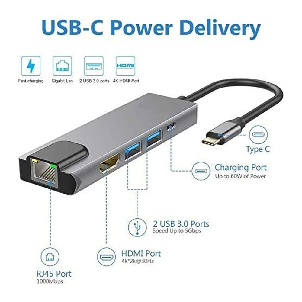 Imagem 5 de 5 do produto Hub, Adaptador Usb C Para Usb, Hub Usb C 5 Em 1 Gigabit.