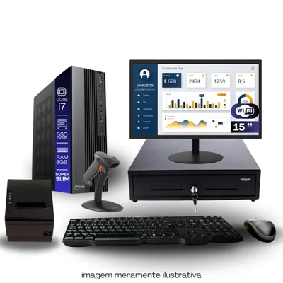 Kit Automação Pdv Tob I7 8GB SSD 240GB Win10 Rede S/fio Teclado Mouse Monitor 15" Gvt. Dinheiro  Imp. Térmica Leitor Cód Barras.