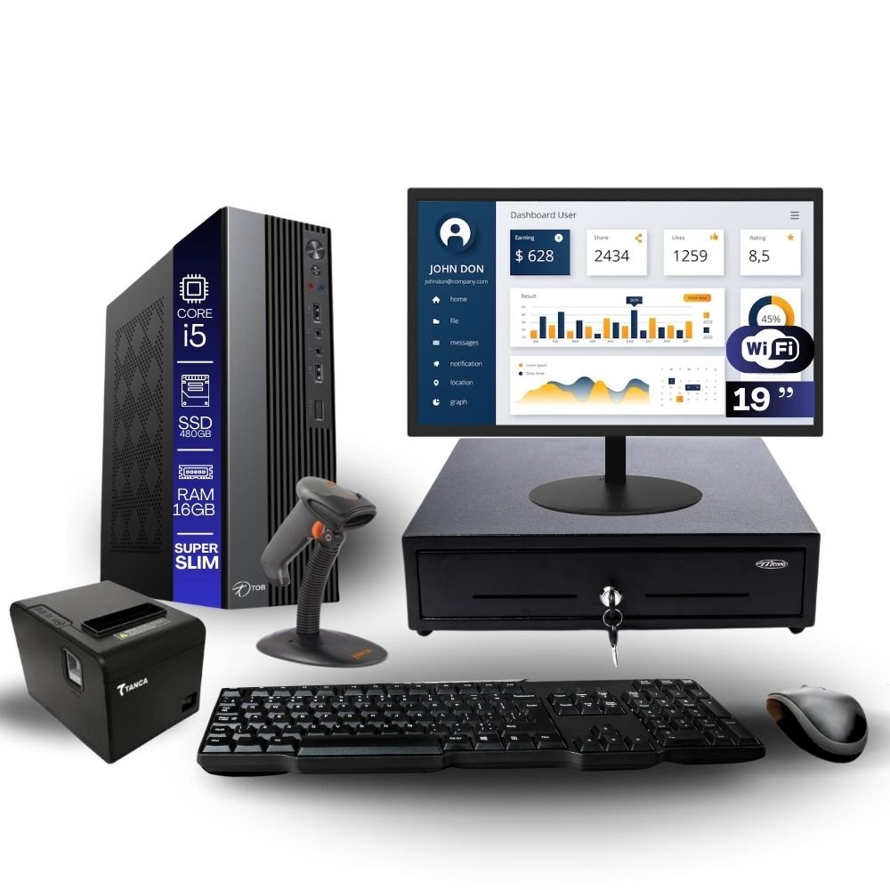 Kit Automação Pdv Tob I5 16gb SSD 480GB Win10 Rede S/fio Teclado Mouse Monitor 19" Gvt. Dinheiro  Imp. Térmica Leitor Cód Barras.