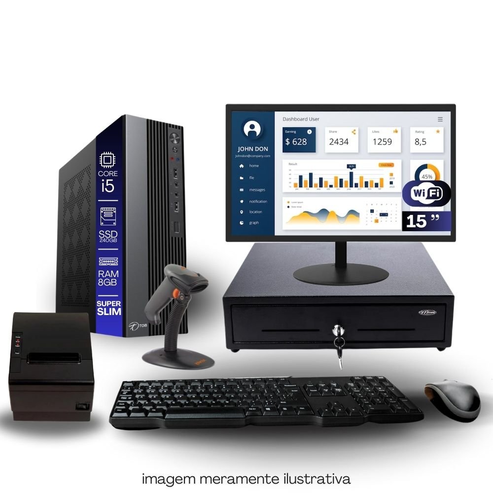 Kit Automação Pdv Tob I5 8GB SSD 240GB Win10 Rede S/fio Teclado Mouse Monitor 15" Gvt. Dinheiro  Imp. Térmica Leitor Cód Barras.