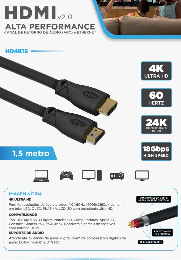 Imagem 5 de 5 do produto Cabo HDMI Alta Performance V2.0, 4k Ultra Hd, Arc E Ethernet, Conectores Banhados A Ouro 24k Com, Com 1,5 Metros, Preto, Hd4k15, Elg