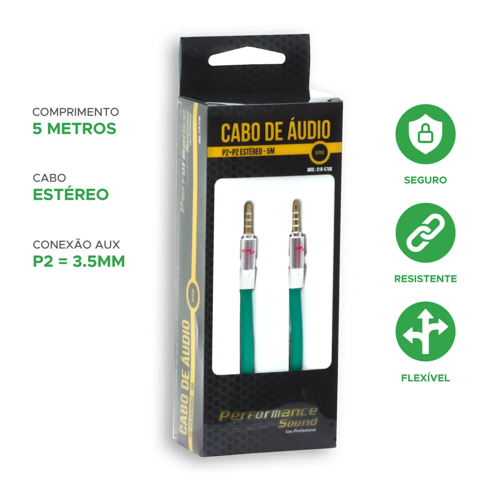 Imagem 2 de 5 do produto Cabo P2 + P2 Flat Estéreo 100% Cobre Profissional 5 Metros