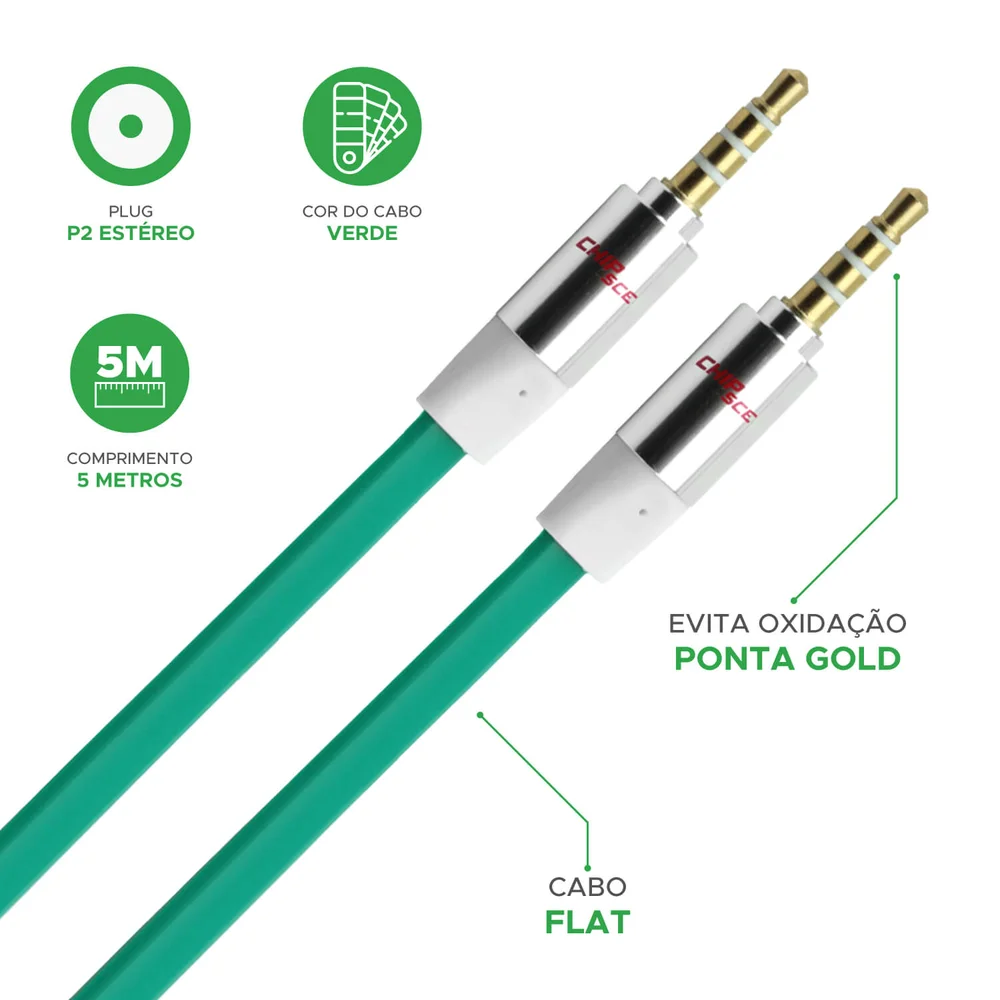 Imagem 5 de 5 do produto Cabo P2 + P2 Flat Estéreo 100% Cobre Profissional 5 Metros