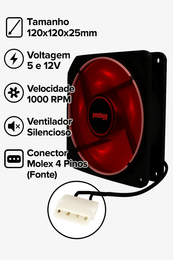 Cooler Fan Pontogg Basic Vermelho 4 LEDs. 6