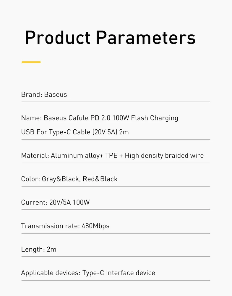 Imagem 2 de 2 do produto Cabo Usb Tipo C Baseus 5n 100w Vermelho Preto 1m