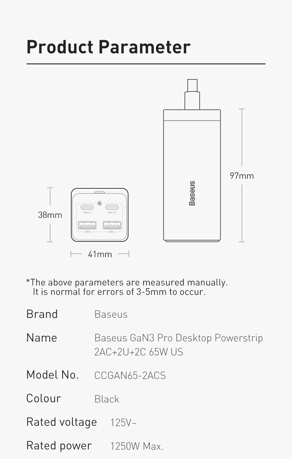 Carregador De Secretária Usb Tipo C Baseus-gan 100 W 2ac 2u 2c Carregador Gan