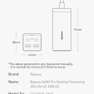Carregador De Secretária Usb Tipo C Baseus-gan 100 W 2ac 2u 2c Carregador Gan