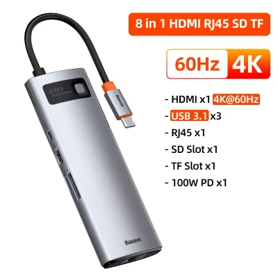 Hub Usb Tipo C Baseus 200 8 Em 1 4k60hz Usb3.1